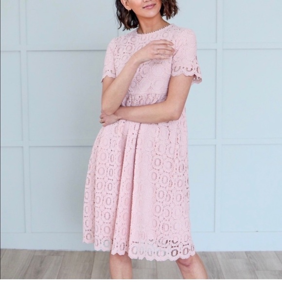 Mikarose Mabel Blush Lace Overlay Modest Dress - Picture 1 of 7